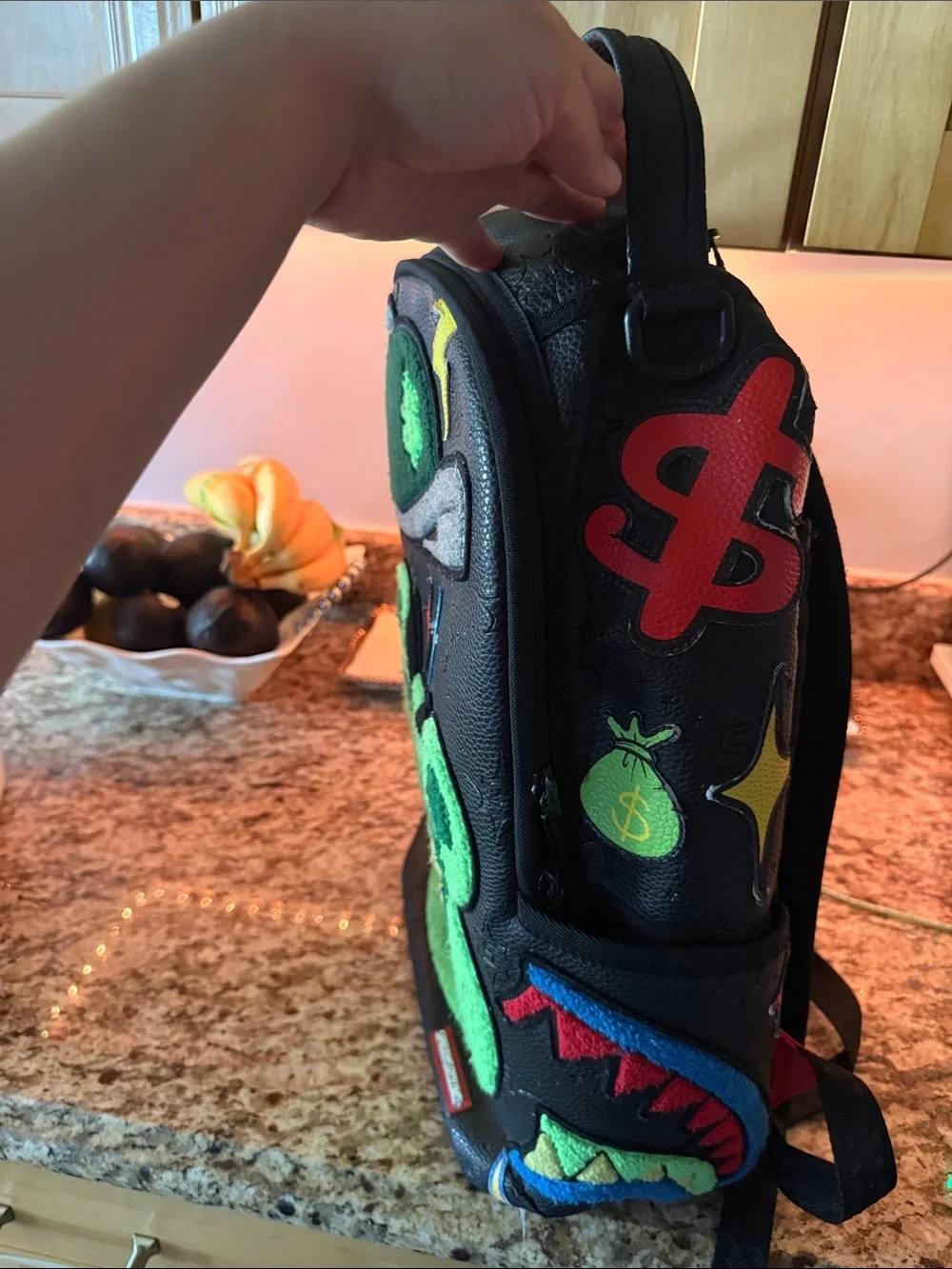 Sprayground Black Backpack with Neon Green Bear Patch and Multicolor Accents